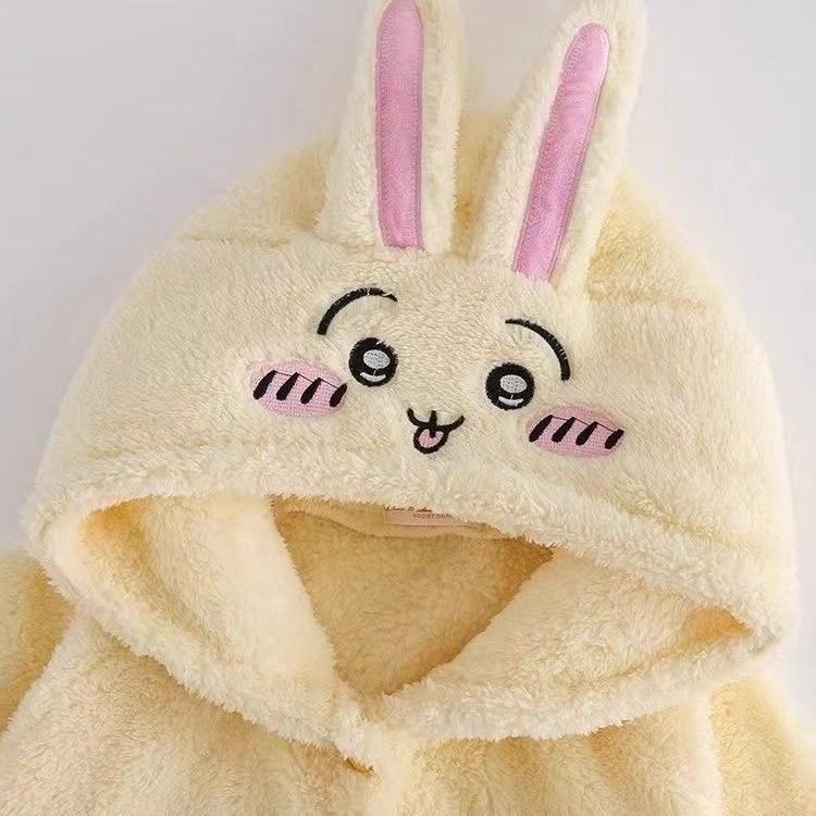 Usagi Women's Coral Fleece Cartoon Pajamas & Bathrobe Flannel Set