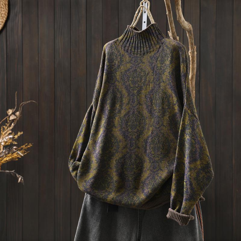 Vintage Ethnic Print Women's Half High Collar Plus Size Loose Knit Sweater for Autumn/Winter