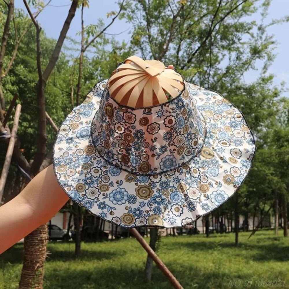 Floral Printed Folding Fan Hat Foldable Bamboo Sunscreen Cap Fan Sun Hats for Travel