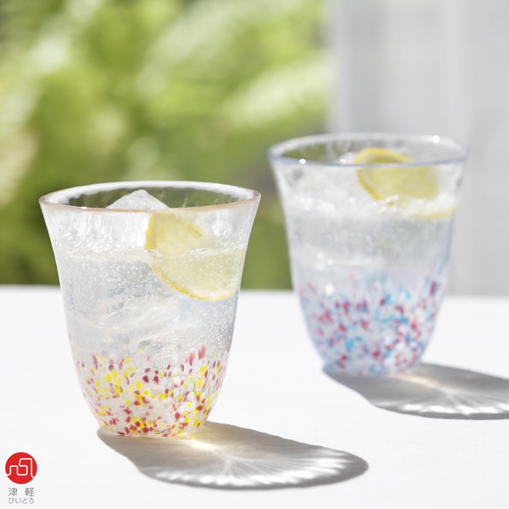 ADERIA Tsugaru Vidro Sakura Sakura Copos Rosa Azul 320ml Par Conjunto Caixa de Apresentação Feito no Japão Copo Alto de Vidro Cerveja Elegante Copo Presente para
