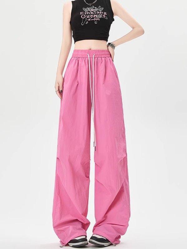 American Style Women's Rose Red Quick-Dry Wide-Leg Cargo Pants for Summer