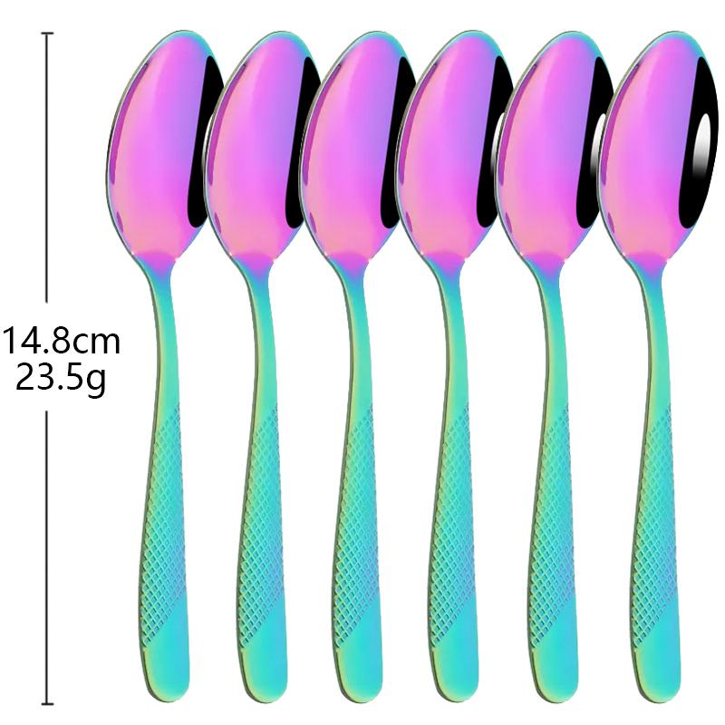 6 Stück Besteck Edelstahl Abendessen Obstgabel Bunte Kuchengabeln mit langem Griff Teelöffel Set für Hotel Party