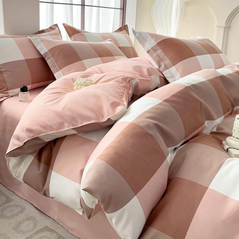 Soft Color Block Checkered Bedding Set Comfy 100% Washed Cotton Blue Plaid Duvet Cover Set King Queen Size Comforter Cover Sheet