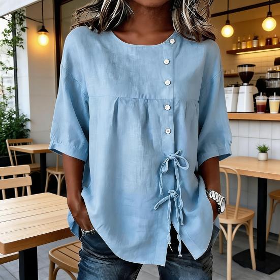 Women Tops Round Neck Short Sleeves Buttons Decor Pullover Tops Pure Color Loose Fit