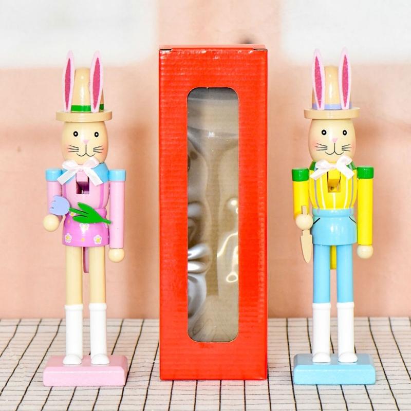 Wooden Rabbit Nutcrackers With Safe Paint 25cm High Decorative Toy for Easter Celebration & Kids Room Mood Gift