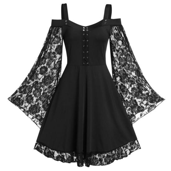 Women Gothic Cold Shoulder Long Flared Sleeve Waist Tight Bandage Party Dress