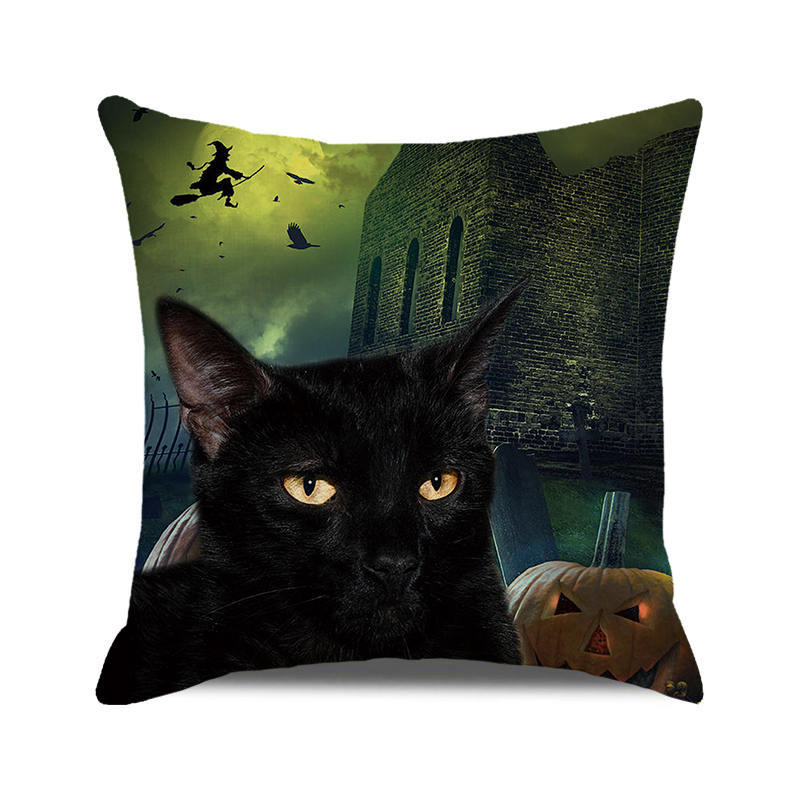 Halloween! Watercolor Pumpkin Black Cat Digital Printing Short Plush Pillow Covers for Car Sofa Office Cushion Cover Home Goods