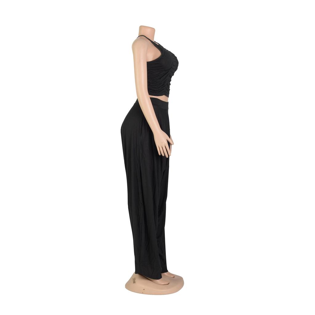 Gefaltete ärmellose Hosen mit weitem Bein Zweiteiliges Set - Europäischer & Amerikanischer Stil Damen Sommer-Outfit