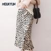 Damen Sommerrock mit hoher Taille, Satin, Leopardenmuster, A-Linie, elegant, Vintage, Retro-Mode, Midirock