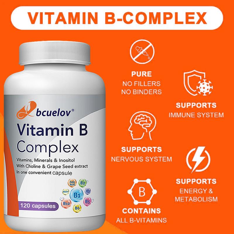 Bcuelov Vitamin B Complex Dietary Supplement, Magnesium, Biotin, 120 Capsules