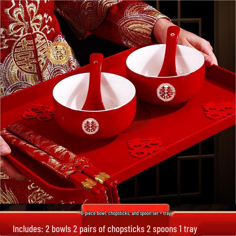 Red Wedding Tea Set: Cup & Bowl Pair with Chopsticks - Perfect for Dowry & Toasting