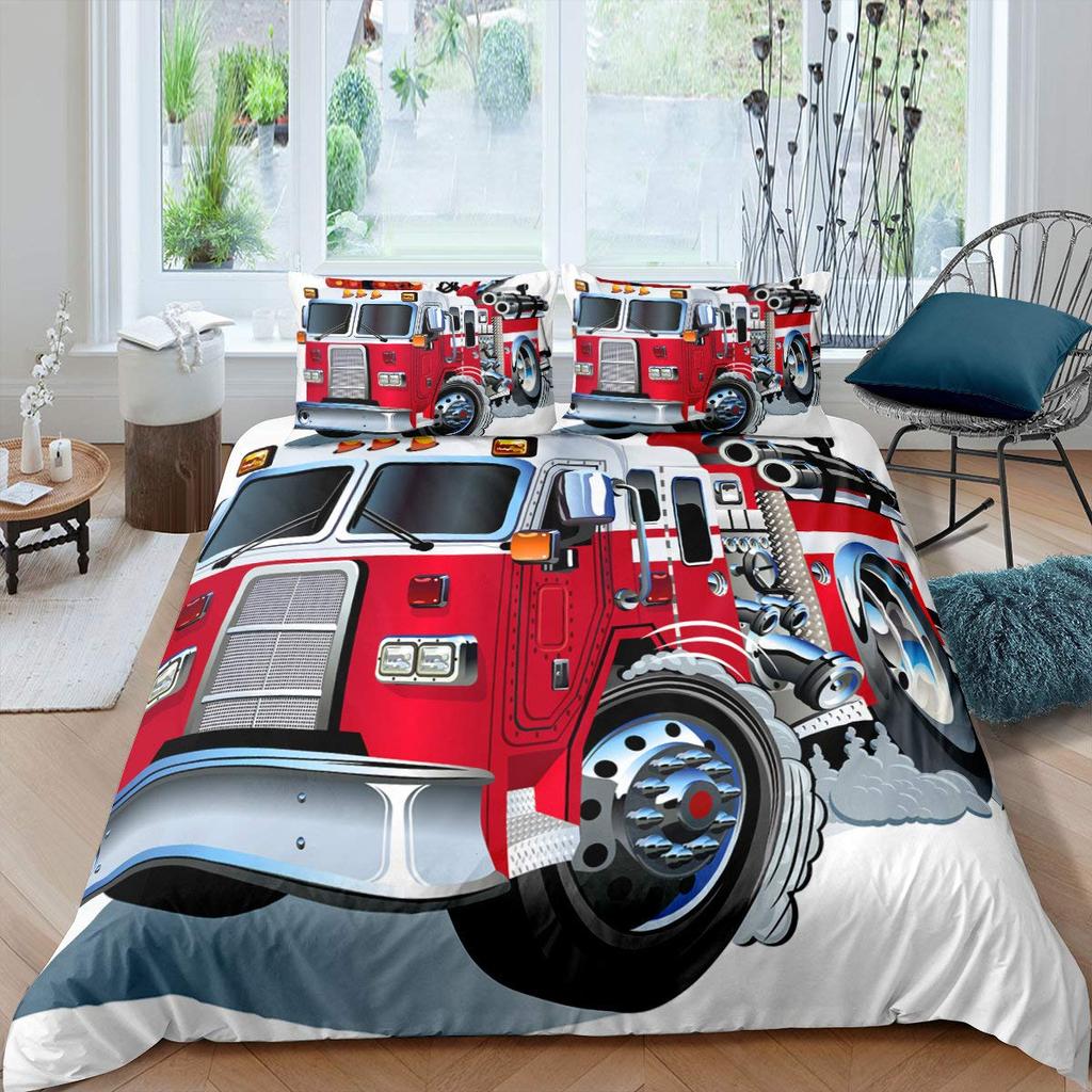 Firefighter Truck Duvet Cover Set Kids Firemen Car Vehicle Bedding Set For Boys Fire Engine Pattern King Size Comforter Cover
