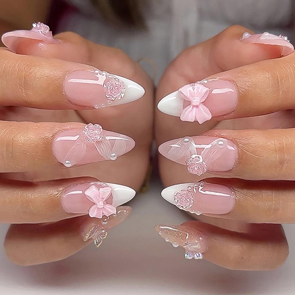 24 Pcs 3D Bows False Nail Flowers Acrylic Nail White French Tip Full Cover Stick On Nail Almond Shape Press On Nail