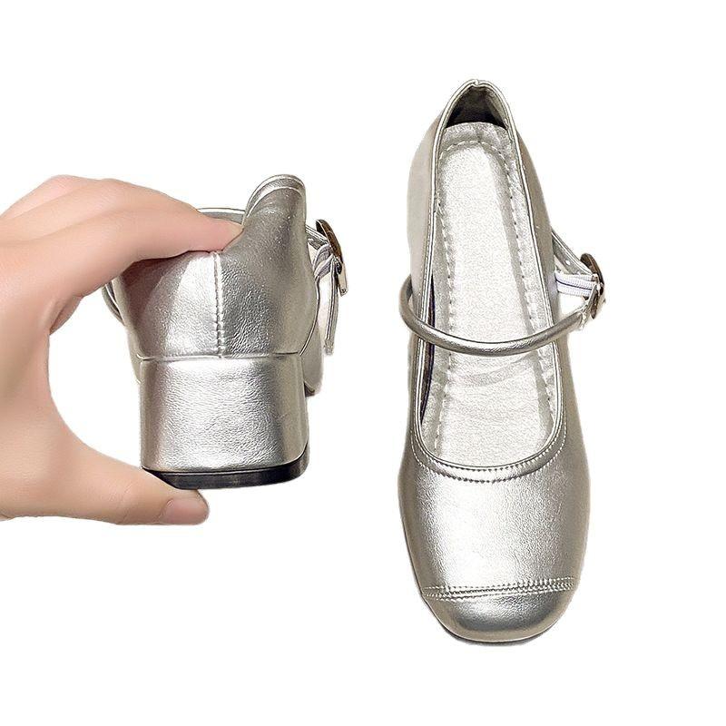 French Silver Small Leather Shoes Women's 2026 New Thick Heel Versatile Gentle Style with Skirt Square Head Mary Jane Single Shoes