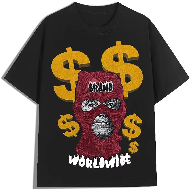 Mens Street Top Round Neck Short Sleeved Tshirt Y2K Style Masked Portrait Money English American Punk Hip Hop Print