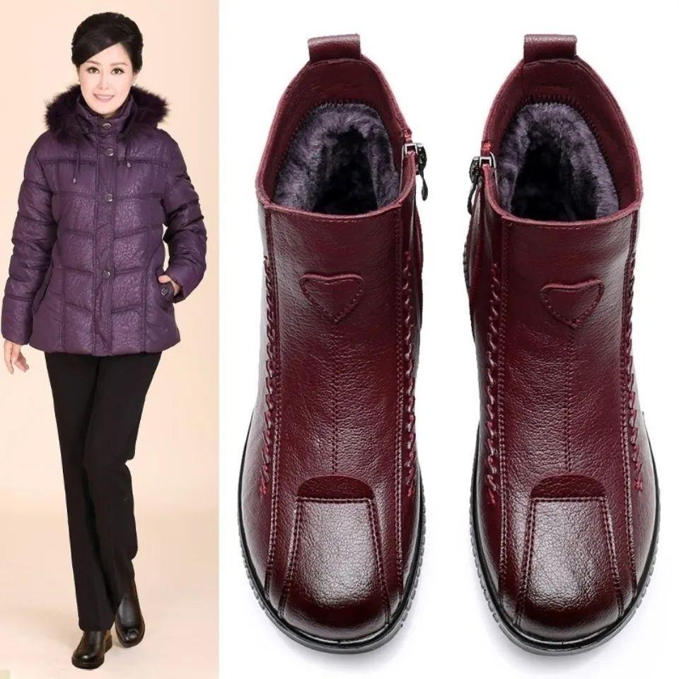 Women's Ankle Boots Winter Genuine Leather Moccasins Casual Woman Leather Boots Mother Cozy Snow Black Boots 2024 New