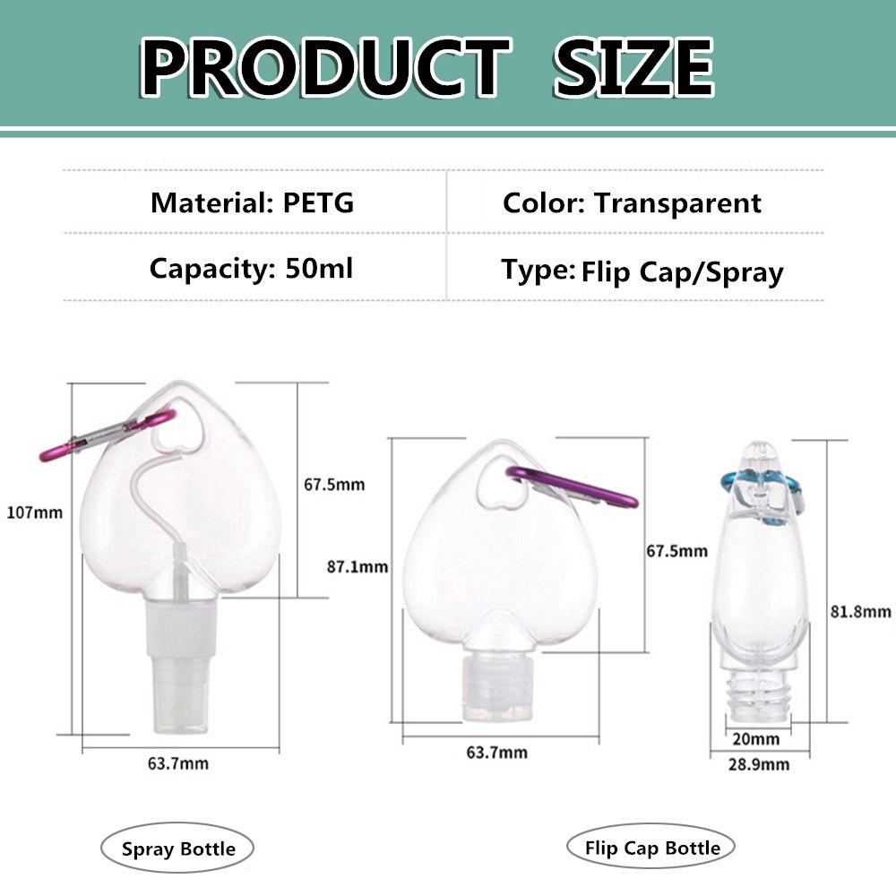 50ml Refillable Travel Alcohol Empty Container Bottle Heart Spray Bottle Lotion Jar With Metal Hook