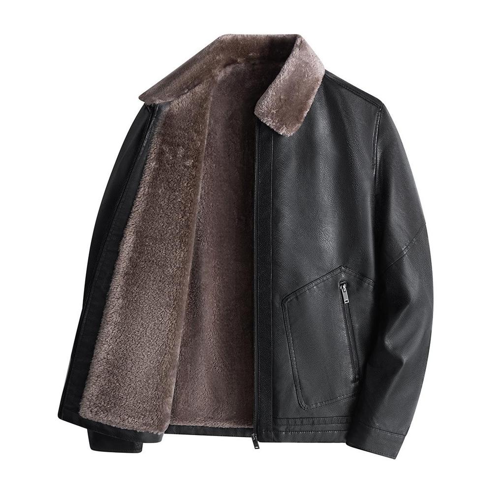 New Middle-aged and Elderly Lapel Fleece Thickened Large-size Men's Leather Jacket