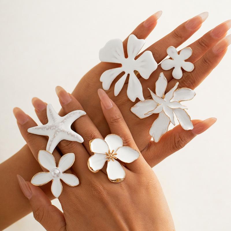 Anillo Ajustable de Flor Blanca Elegante Vintage Para Mujer Abierto Grueso Nupcial Boda Joyería de Dedo Pétalos