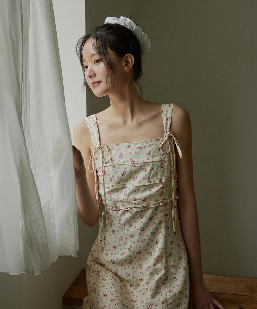Adowl Flower Pattern Shirring Mini Dress - Cream