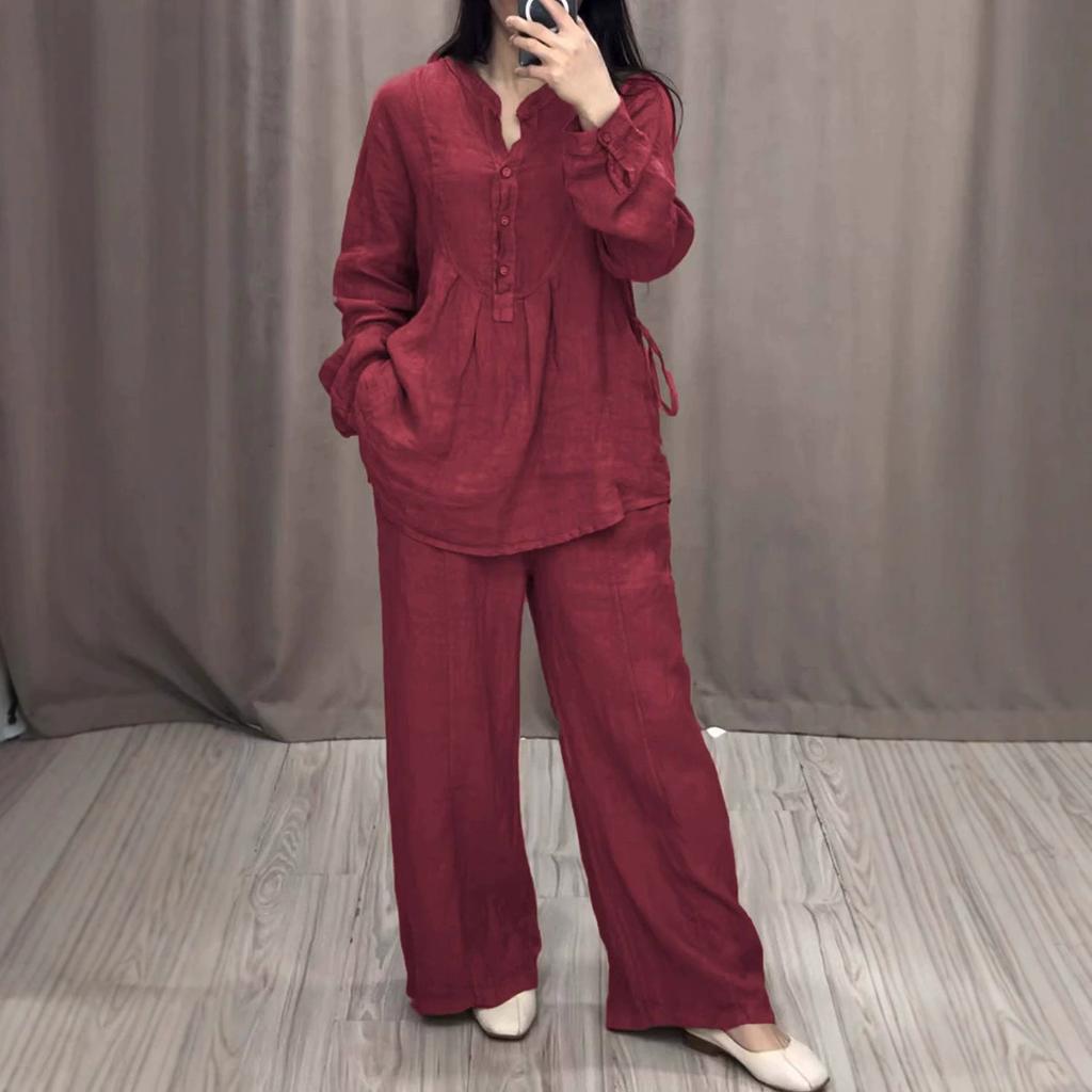 Women's 2 Piece Set Fashion Office Lady Cotton Linen Long-sleeve Casual Loose Wide-leg Pants Suit Spring Autumn Women Sets
