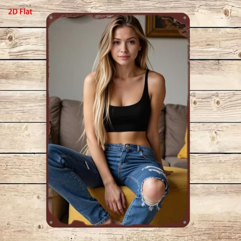 Letrero Vertical de Metal Lata Mujer Rubia Top Corto Amarillo Pantalones Cortos de Mezclilla Paisaje de Flores Silvestres Decoración para Colgar en la Pared