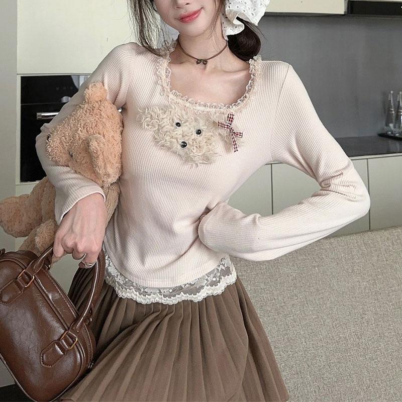 Tricou subțire cu îmbrăcăminte dulce din dantelă Îmbrăcăminte pentru femei șic din desene animate cățeluș primăvară toamnă cu mânecă lungă pulovere cu guler pătrat dulce cald