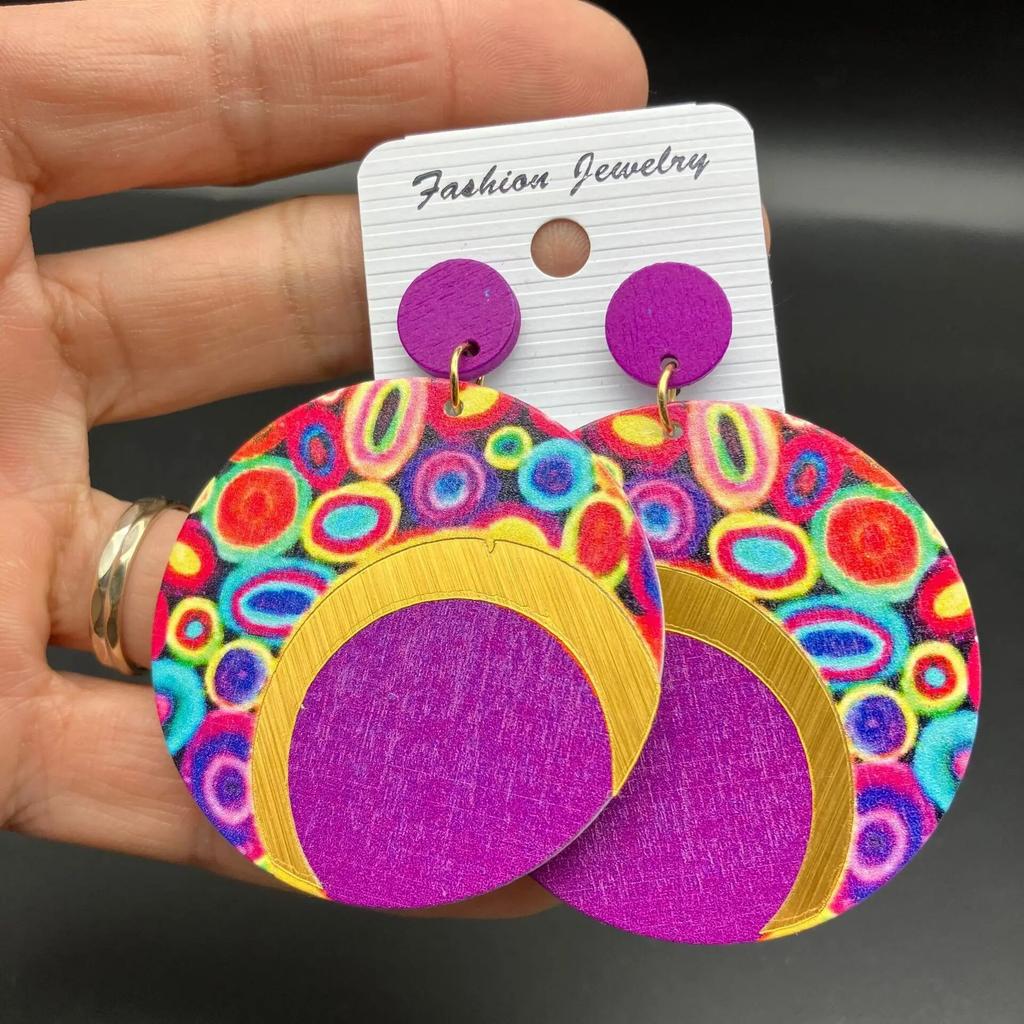 New Bohemian Long Earrings Europe US Exaggerated Personality Baking Paint Color Stripe Wooden Vintage Ethnic Style Ear Ring Gift