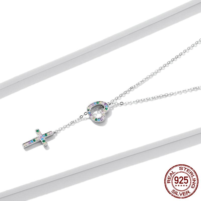 S925 Sterling Silver Love & Cross Pendant Necklace for Women Colored Zirconium Lock Chain Choker Plated Platinum Jewelry