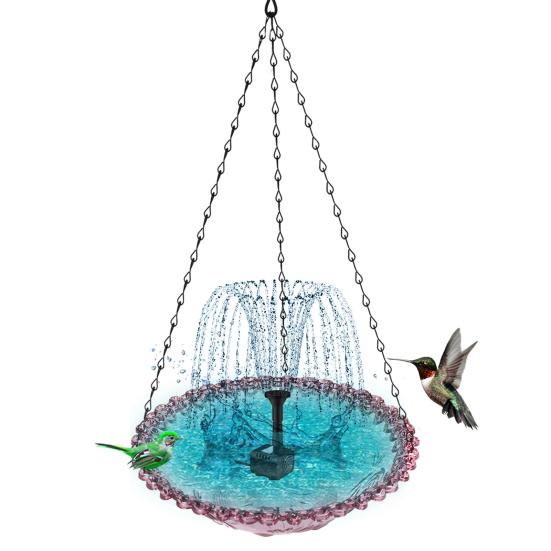Solar Cascade Fountain Birdbath Solar Powered Fountain Bird Bath Hanging Glass Bowl Birdbath Attracts Wild Birds Hummingbirds for Outdoor Garden