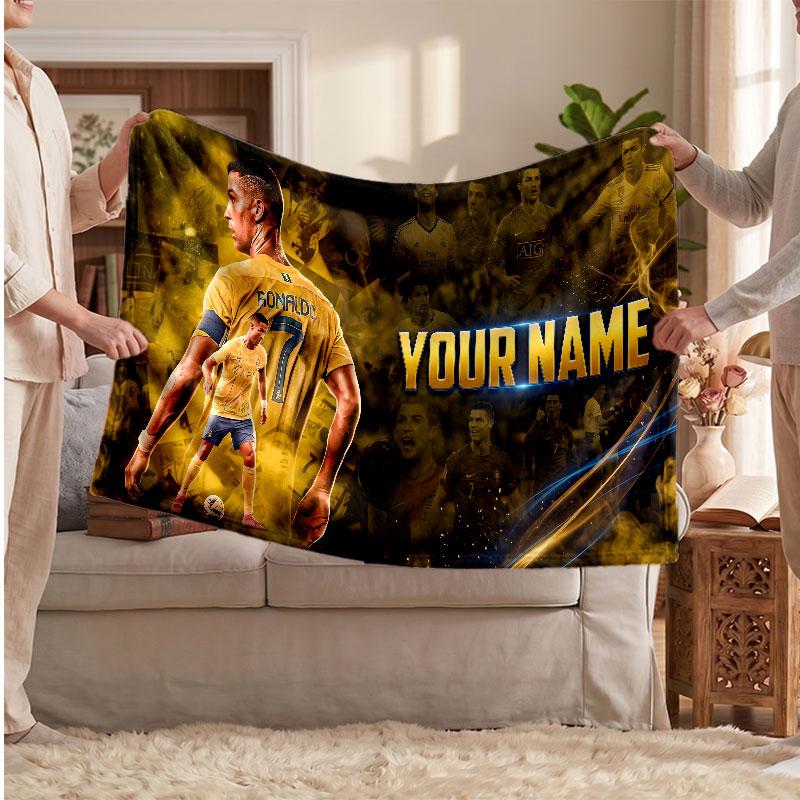 Personalisierte Fleece-Decke Cristiano Ronaldo mit Fußball-Logo, Individueller Name Text Weich Warm Home Überwurfdecke