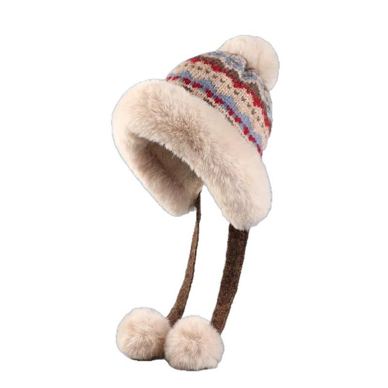 Winter Damen Samt verdickt warm Strickmütze Mongolische Ohrenschützer Wollmütze Großer Kopfumfang