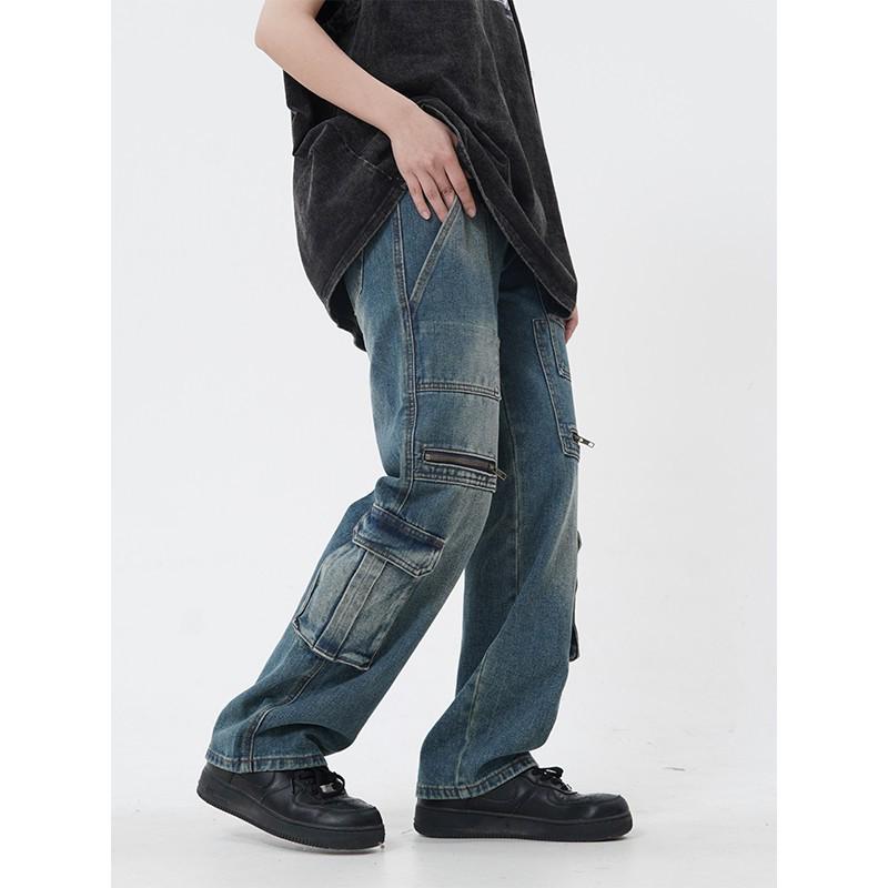 Unisex Retro High Street Pocket Jeans: Loose, Wide-Leg, Straight Fit Workwear for Couples