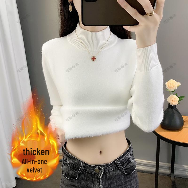 2025 Autumn/Winter Women's Plus Velvet Thick Warm One-Piece Knit Base Layer Sweater with Half-High Collar - Stylish & Slimming