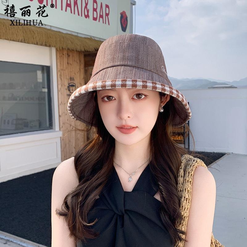 Summer new-style plaid bow sun-protective fisherman hat for women-versatile, face-slimming bucket hat, UV-proof, available