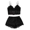 Women Pajama Set Lace Pajama Top Satin Shorts with Black Silk Bow And Lace