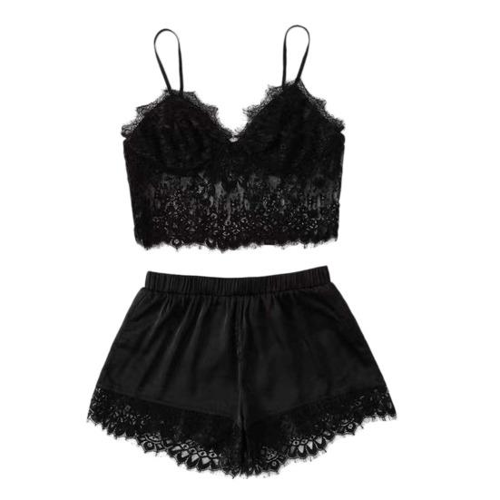 Women Pajama Set Lace Pajama Top Satin Shorts with Black Silk Bow And Lace