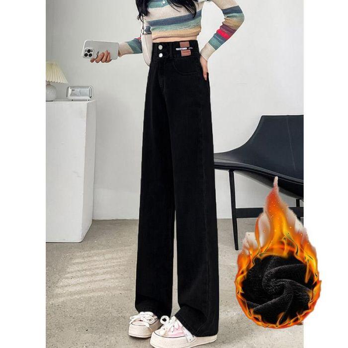 Small Narrow Version Straight Wide-leg Jeans for Women In Autumn and Winter New Style of Hip-covering High Waist Plus Velvet Thickened Casual Jeans