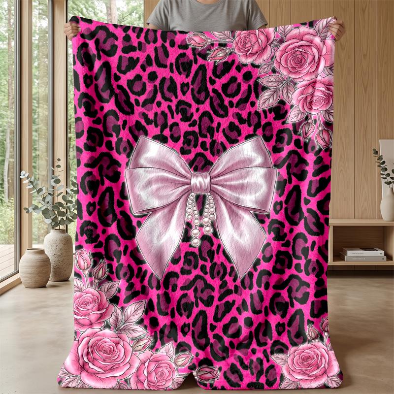 Pink Leopard Roses Bow Theme Blanket Lightweight Warm Flannel Blanket Decorative Throw Blanket for Home Decoration