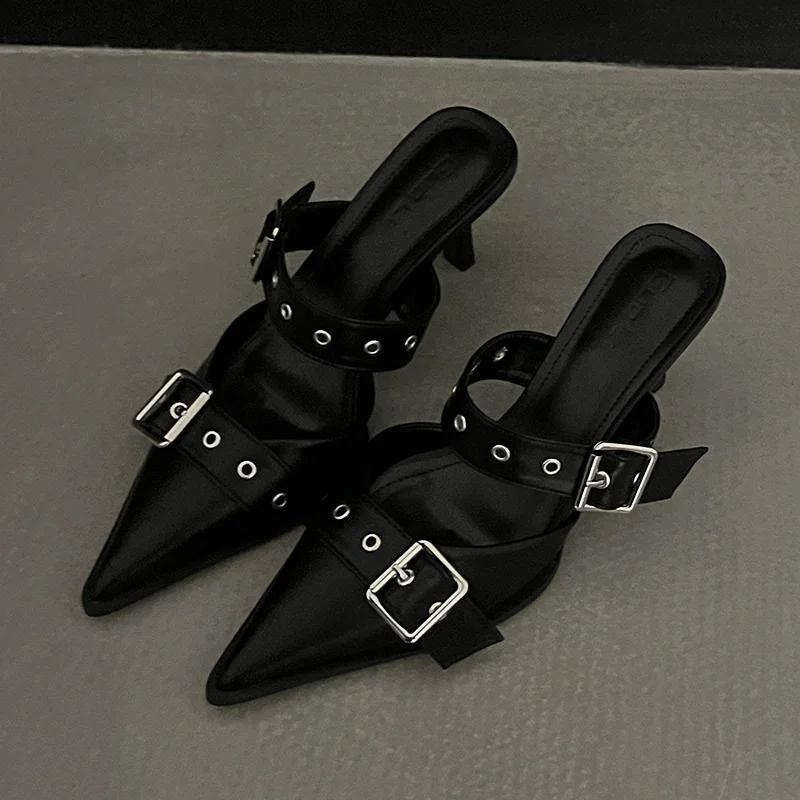 Punk Metal Buckle High Heels Shoes for Women Sexy Pointed Toe Stiletto Heel Sandals Woman Summer 2026 Fashion Party Silver Pumps