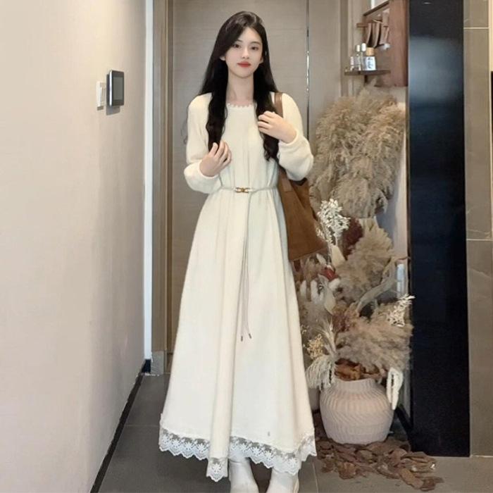 French Pure Blue Lace Dress, Early Autumn Small Man Special Edition U-neck High Waist A-word Long Dress
