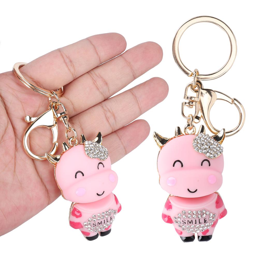 2Pcs Keychain Pendant Cartoon DiamondStudded Resin Small Cow Shape Metal Key Ring Decoration(Pink )