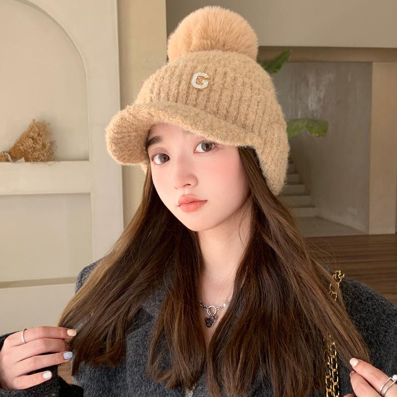 Hat for Women In Autumn and Winter Outdoor Bike Riding Warm and Cold Knitted Wool Hat Plus Velvet Thick Windproof Ear Protection Baseball Cap