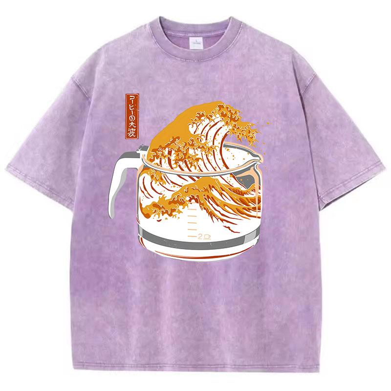 Retro T Shirt Vintage Washed Cotton TShirt Japanese Style Wave Graphic Tee Casual Streetwear Spring Summer