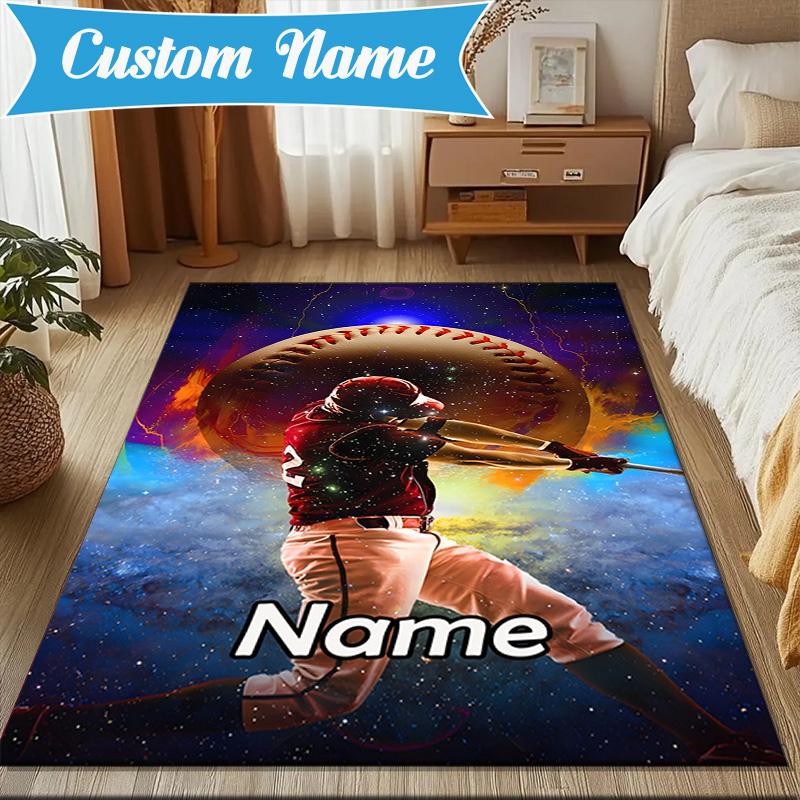 Custom Name Baseball Glove Bat Rug Game Carpet, Floor Mat for Bedroom Living Room Entryway Rug, Home Decor Idea Gift for Christmas Birthday