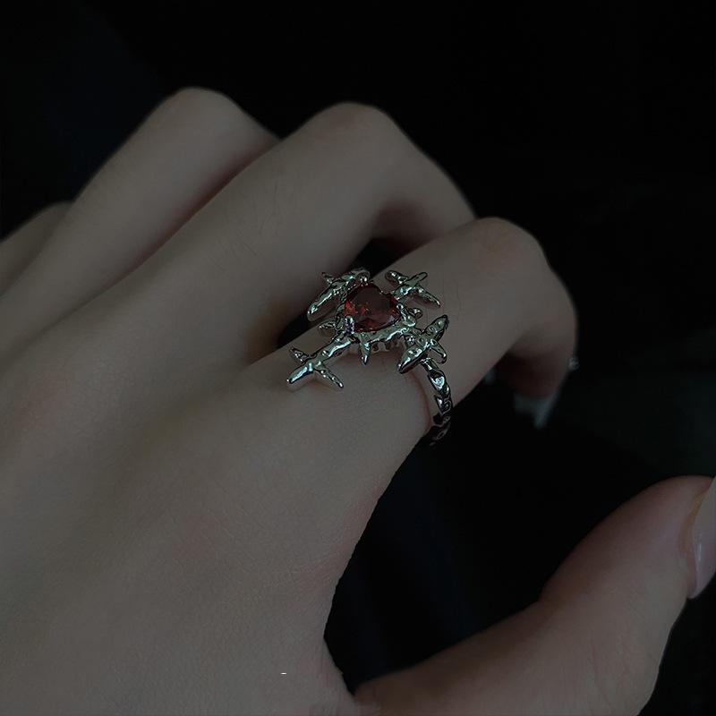 Gothic Red Crystal Cross Geometry Open Rings for Women Y2k Punk Creative Grunge Jewelry Accessories Gift