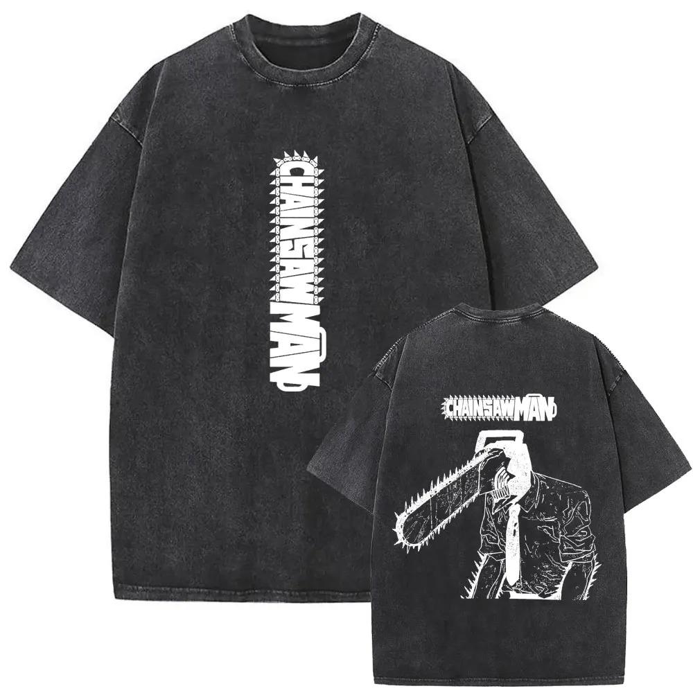 T-shirt Anime Homme-Tronçonneuse Denji Forme Tronçonneuse Logo Vertical Lavage Vintage, T-shirt Streetwear Fan de Manga Unisexe, Haut Décontracté à Manches Courtes 100% Coton
