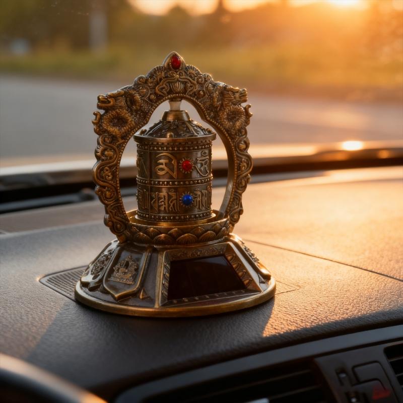 Solar Buddhas Scriptures Prayer Wheel Solar Powered Tibetan Prayer Wheel Ornament for Desk Car Interior Dashboard Decors