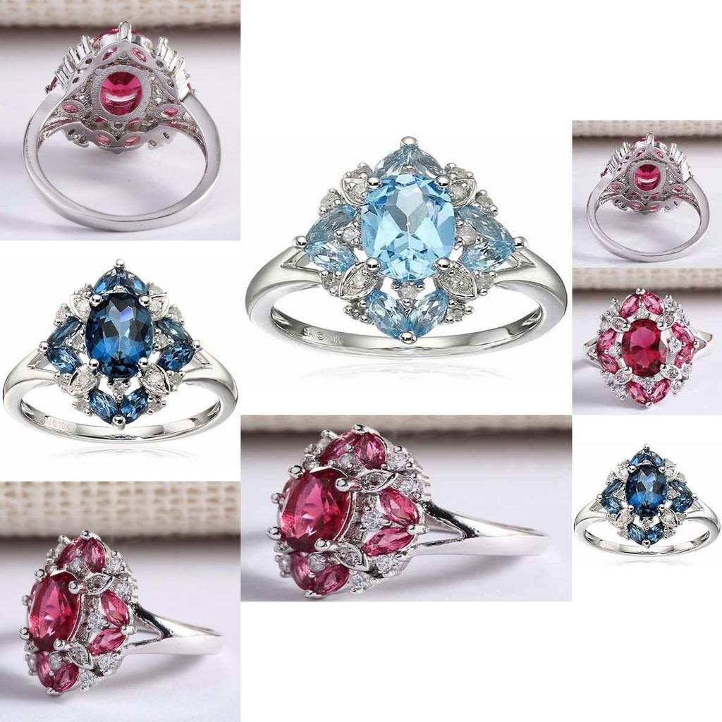 Prächtige versilberte Ringe mit oval geschliffenem natürlichem blauem Saphir und Strasssteinen