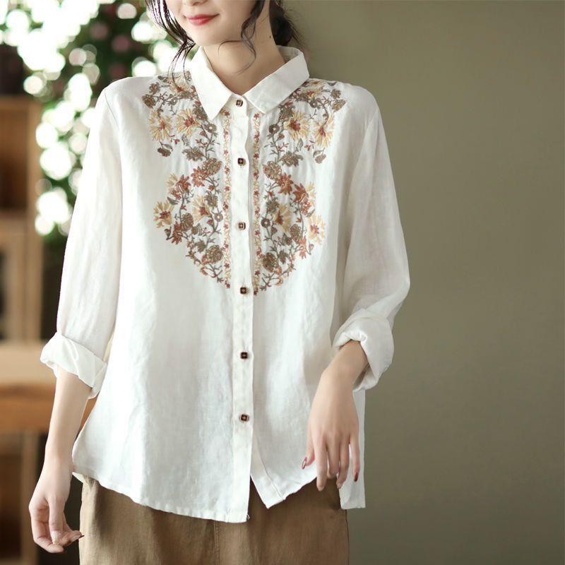 Retro Blouses For Women National Shirt Cotton Linen Shirt Loose Embroidered Blous Laple Long Sleeve Cardigan Female Shirts